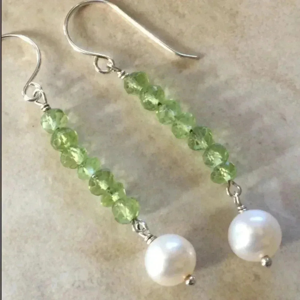Peridot, Pearl Dangle Earrings, August Birthstone, June Birthstones, St Patricks - Picture 2 of 2